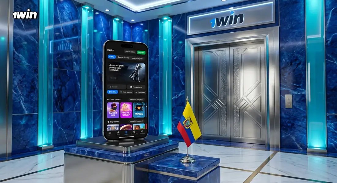 Celular con la app de 1win expuesto en un salón de mármol azul junto a la bandera de Ecuador