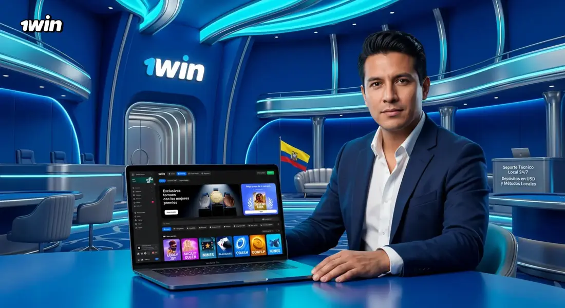 Hombre en un centro de apuestas azul de 1win con la línea deportiva abierta en su laptop y la bandera de Ecuador